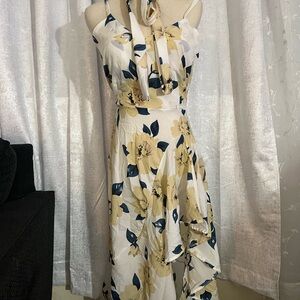 Floral Sleeveless Dress - Cream and Blue